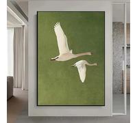 Prints On Canvas Painting Two Flying Swans Realistic Feather Green Background Modern Wall Decor For Room Office Dining Area(60x90CM/Frameless)