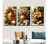 Prints on Canvas Painting Vintage Still Life Art Autumnal Tones with Bottles Fruits Floral for Living Room Home Decoration(50x75cm-3Pcs)
