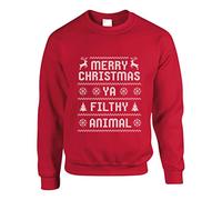 PRINTS TO MAKE YOU SMILE Merry Christmas Ya Filthy Animal | Christmas Sweater | Festive Jumper | X-Large | Red