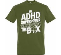 Printshirts ADHD T-Shirt | My ADHD Superpower Thinking Outside The Box Slogan | Funny Neurodiverse Graphic Top | Humour Gift Clothing for Men Women (UK, Alpha, S, Regular, Regular, Military Green)