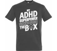 Printshirts ADHD T-Shirt | My ADHD Superpower Thinking Outside The Box Slogan | Funny Neurodiverse Graphic Top | Humour Gift Clothing for Men Women (UK, Alpha, XL, Regular, Regular, Dark Grey)