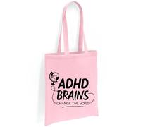 Printshirts ADHD Tote Bag - Brains Change The World Design - Neurodiversity Pride Reusable Canvas Shopping Bag, Eco Friendly Gift for School, Work & Everyday Use (Light Pink)