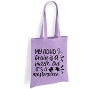 Printshirts ADHD Tote Bag with Puzzle Piece Design - My ADHD Brain Is a Puzzle But It’s a Masterpiece - Eco Friendly Canvas Shopper, Reusable Shoulder Bag Gift (Lavender)