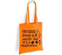 Printshirts ADHD Tote Bag with Puzzle Piece Design - My ADHD Brain Is a Puzzle But It’s a Masterpiece - Eco Friendly Canvas Shopper, Reusable Shoulder Bag Gift (Orange)