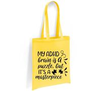 Printshirts ADHD Tote Bag with Puzzle Piece Design - My ADHD Brain Is a Puzzle But It’s a Masterpiece - Eco Friendly Canvas Shopper, Reusable Shoulder Bag Gift (Yellow)