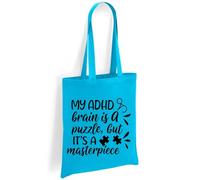 Printshirts ADHD Tote Bag with Puzzle Piece Design - My ADHD Brain Is a Puzzle But It’s a Masterpiece - Eco Friendly Canvas Shopper, Reusable Shoulder Bag Gift (Sapphire)