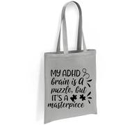 Printshirts ADHD Tote Bag with Puzzle Piece Design - My ADHD Brain Is a Puzzle But It’s a Masterpiece - Eco Friendly Canvas Shopper, Reusable Shoulder Bag Gift (Silver)