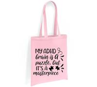 Printshirts ADHD Tote Bag with Puzzle Piece Design - My ADHD Brain Is a Puzzle But It’s a Masterpiece - Eco Friendly Canvas Shopper, Reusable Shoulder Bag Gift (Light Pink)