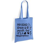 Printshirts ADHD Tote Bag with Puzzle Piece Design - My ADHD Brain Is a Puzzle But It’s a Masterpiece - Eco Friendly Canvas Shopper, Reusable Shoulder Bag Gift (Sky Blue)