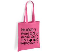 Printshirts ADHD Tote Bag with Puzzle Piece Design - My ADHD Brain Is a Puzzle But It’s a Masterpiece - Eco Friendly Canvas Shopper, Reusable Shoulder Bag Gift (Pink)