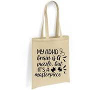 Printshirts ADHD Tote Bag with Puzzle Piece Design - My ADHD Brain Is a Puzzle But It’s a Masterpiece - Eco Friendly Canvas Shopper, Reusable Shoulder Bag Gift (Natural)