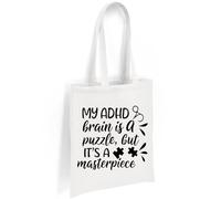 Printshirts ADHD Tote Bag with Puzzle Piece Design - My ADHD Brain Is a Puzzle But It’s a Masterpiece - Eco Friendly Canvas Shopper, Reusable Shoulder Bag Gift (White)