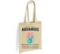 Printshirts Aquarius Zodiac Tote Bag - Funny Mermaid Star Sign Design with Astrology Dates, Reusable Cotton Bag for Aquarius Gifts, Shopping, Self-Care & Chaotic Fashion Vibes (Natural)