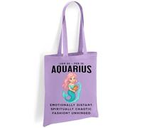 Printshirts Aquarius Zodiac Tote Bag - Funny Mermaid Star Sign Design with Astrology Dates, Reusable Cotton Bag for Aquarius Gifts, Shopping, Self-Care & Chaotic Fashion Vibes (Lavendar)