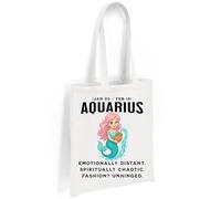Printshirts Aquarius Zodiac Tote Bag - Funny Mermaid Star Sign Design with Astrology Dates, Reusable Cotton Bag for Aquarius Gifts, Shopping, Self-Care & Chaotic Fashion Vibes (White)
