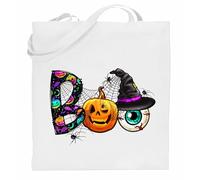 Printshirts Boo Halloween Tote Bag - Pumpkin, Eyeball & Witch Hat Design with Spiders & Webs, Reusable Cotton Trick or Treat Bag for Candy, Gifts, Shopping & Spooky Season Fun (White)