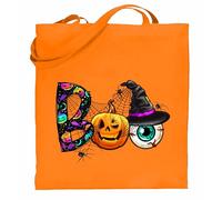 Printshirts Boo Halloween Tote Bag - Pumpkin, Eyeball & Witch Hat Design with Spiders & Webs, Reusable Cotton Trick or Treat Bag for Candy, Gifts, Shopping & Spooky Season Fun (Orange)