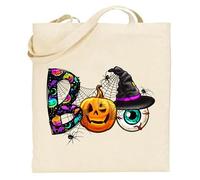 Printshirts Boo Halloween Tote Bag - Pumpkin, Eyeball & Witch Hat Design with Spiders & Webs, Reusable Cotton Trick or Treat Bag for Candy, Gifts, Shopping & Spooky Season Fun (Natural)
