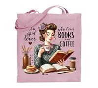Printshirts Book Lover Tote Bag - Just a Girl Who Loves Books and Coffee Design, Reusable Shopping Bag for Readers, Cute Coffee Gift for Women and Students (Light Pink)