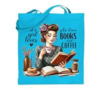 Printshirts Book Lover Tote Bag - Just a Girl Who Loves Books and Coffee Design, Reusable Shopping Bag for Readers, Cute Coffee Gift for Women and Students (Sapphire)