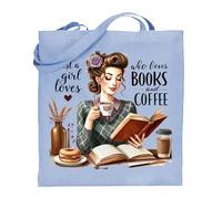 Printshirts Book Lover Tote Bag - Just a Girl Who Loves Books and Coffee Design, Reusable Shopping Bag for Readers, Cute Coffee Gift for Women and Students (Blue)