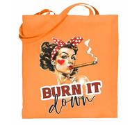 Printshirts Burn It Down Tote Bag - Retro Pin Up Girl Design with Cigar, Funny Sassy Vintage Style Shopper, Reusable Cotton Shoulder Bag for Women (Orange)