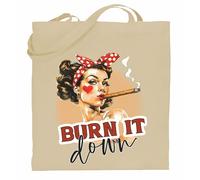 Printshirts Burn It Down Tote Bag - Retro Pin Up Girl Design with Cigar, Funny Sassy Vintage Style Shopper, Reusable Cotton Shoulder Bag for Women (Natural)