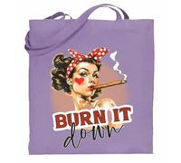 Printshirts Burn It Down Tote Bag - Retro Pin Up Girl Design with Cigar, Funny Sassy Vintage Style Shopper, Reusable Cotton Shoulder Bag for Women (Lavender)