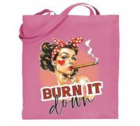 Printshirts Burn It Down Tote Bag - Retro Pin Up Girl Design with Cigar, Funny Sassy Vintage Style Shopper, Reusable Cotton Shoulder Bag for Women (Pink)