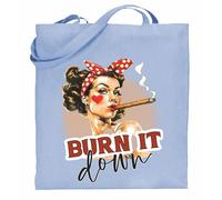 Printshirts Burn It Down Tote Bag - Retro Pin Up Girl Design with Cigar, Funny Sassy Vintage Style Shopper, Reusable Cotton Shoulder Bag for Women (Blue)