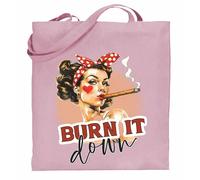 Printshirts Burn It Down Tote Bag - Retro Pin Up Girl Design with Cigar, Funny Sassy Vintage Style Shopper, Reusable Cotton Shoulder Bag for Women (Light Pink)