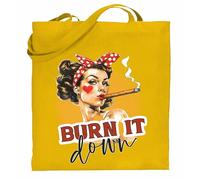 Printshirts Burn It Down Tote Bag - Retro Pin Up Girl Design with Cigar, Funny Sassy Vintage Style Shopper, Reusable Cotton Shoulder Bag for Women (Yellow)