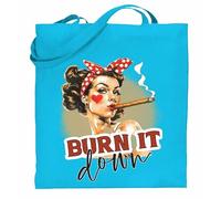 Printshirts Burn It Down Tote Bag - Retro Pin Up Girl Design with Cigar, Funny Sassy Vintage Style Shopper, Reusable Cotton Shoulder Bag for Women (Sapphire)