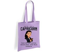 Printshirts Capricorn Zodiac Tote Bag - Funny Star Sign Gift with Bossy Cartoon & Quote, Reusable Cotton Astrology Bag for Capricorn Birthdays, Shopping & Daily Deadlines (Lavendar)