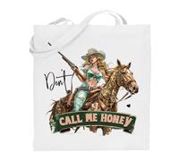 Printshirts Don’t Call Me Honey Tote Bag - Retro Cowgirl Pin Up Riding Horse with Rifle, Funny Western Sarcasm Quote, Reusable Shopping Bag Gift for Women (White)