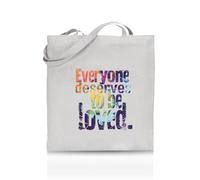 Printshirts Everyone Deserves To Be Loved Tote Bag - Funny LGBTQ+ Reusable Shopper - Pride Flag Design - Eco Cotton Bag for Gifts, Festivals, Protests & Everyday Use (White)
