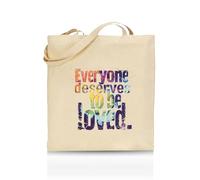 Printshirts Everyone Deserves To Be Loved Tote Bag - Funny LGBTQ+ Reusable Shopper - Pride Flag Design - Eco Cotton Bag for Gifts, Festivals, Protests & Everyday Use (Natural)