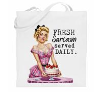 Printshirts Fresh Sarcasm Served Daily Tote Bag - Retro Pin Up Girl Funny Sarcastic Shopping Bag, Reusable Vintage Style Satire Tote, Gift for Women and Teens (White)