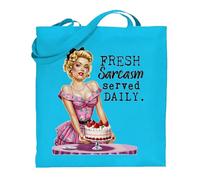 Printshirts Fresh Sarcasm Served Daily Tote Bag - Retro Pin Up Girl Funny Sarcastic Shopping Bag, Reusable Vintage Style Satire Tote, Gift for Women and Teens (Sapphire)