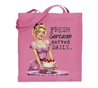 Printshirts Fresh Sarcasm Served Daily Tote Bag - Retro Pin Up Girl Funny Sarcastic Shopping Bag, Reusable Vintage Style Satire Tote, Gift for Women and Teens (Pink)