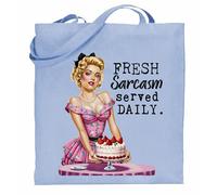 Printshirts Fresh Sarcasm Served Daily Tote Bag - Retro Pin Up Girl Funny Sarcastic Shopping Bag, Reusable Vintage Style Satire Tote, Gift for Women and Teens (Blue)