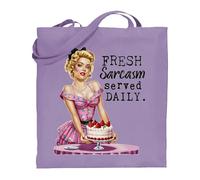 Printshirts Fresh Sarcasm Served Daily Tote Bag - Retro Pin Up Girl Funny Sarcastic Shopping Bag, Reusable Vintage Style Satire Tote, Gift for Women and Teens (Lavender)