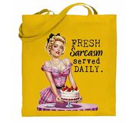 Printshirts Fresh Sarcasm Served Daily Tote Bag - Retro Pin Up Girl Funny Sarcastic Shopping Bag, Reusable Vintage Style Satire Tote, Gift for Women and Teens (Yellow)