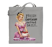 Printshirts Fresh Sarcasm Served Daily Tote Bag - Retro Pin Up Girl Funny Sarcastic Shopping Bag, Reusable Vintage Style Satire Tote, Gift for Women and Teens (Silver)