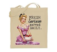 Printshirts Fresh Sarcasm Served Daily Tote Bag - Retro Pin Up Girl Funny Sarcastic Shopping Bag, Reusable Vintage Style Satire Tote, Gift for Women and Teens (Natural)