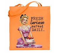 Printshirts Fresh Sarcasm Served Daily Tote Bag - Retro Pin Up Girl Funny Sarcastic Shopping Bag, Reusable Vintage Style Satire Tote, Gift for Women and Teens (Orange)