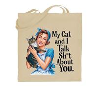 Printshirts Funny Cat Tote Bag - My Cat and I Talk Sh*t About You Quote, Reusable Sarcastic Bag for Cat Lovers, Pet Owners, Women, Students, Shopping & Gifts (Natural)