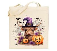 Printshirts Halloween Tote Bag with Highland Cow Witch Design - Cute Pumpkin, Spiderweb & Bat Print, Reusable Trick or Treat Cotton Bag for Autumn & Spooky Fun (Natural)