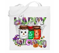 Printshirts Happy Halloween Tote Bag - Cute Pumpkin Jar, Ghost & Candy Design, Reusable Cotton Trick or Treat Bag for Kids, Adults, Sweets, Snacks & Spooky Fun (White)