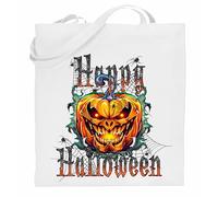 Printshirts Happy Halloween Tote Bag with Scary Pumpkin - Reusable Cotton Trick or Treat Bag for Kids & Adults, Halloween Candy Bag for Sweets, Snacks, Gifts & Everyday Use (White)